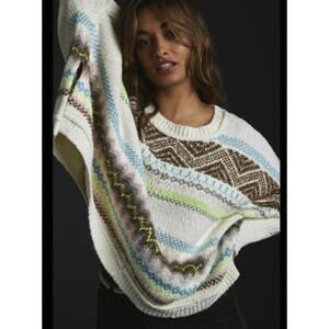 Anthropologie Cream Cotton Blend Oversized Patterned Sweater - Size - XS/S